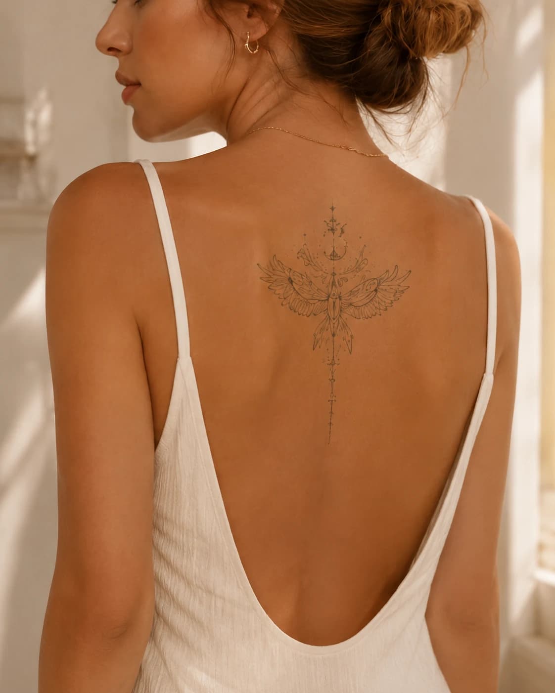Custom tattoo placement preview on upper spine