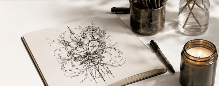 Sketchbook with tattoo artwork, pen, and candle