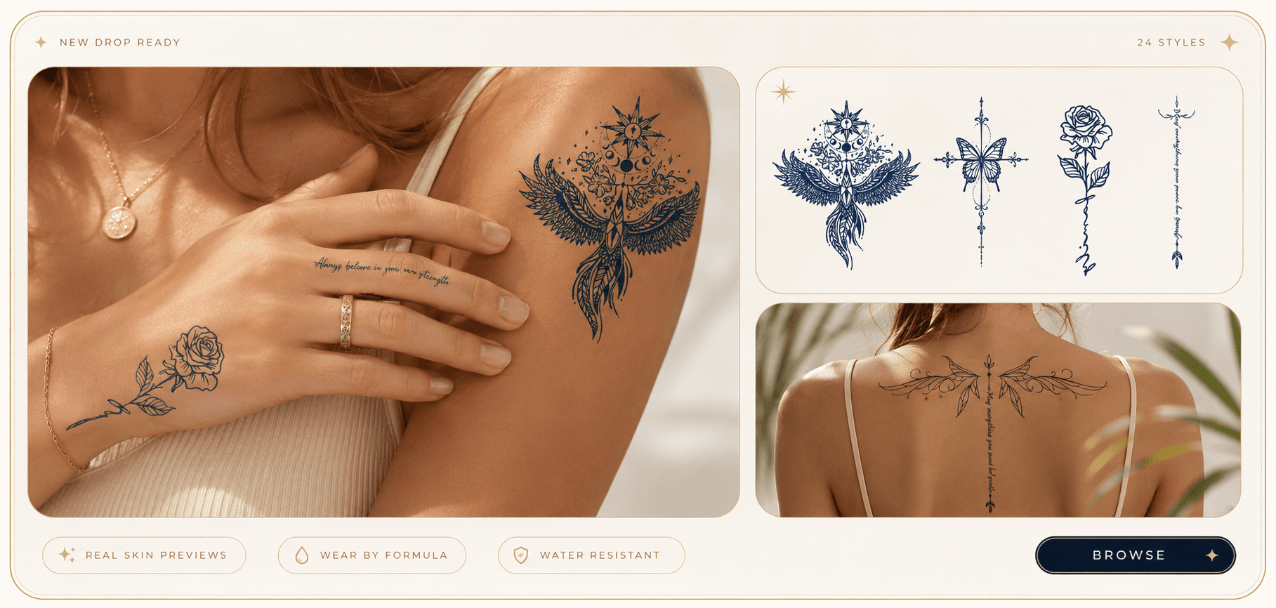 Veyra Ink new drop preview with real skin tattoos and product artwork