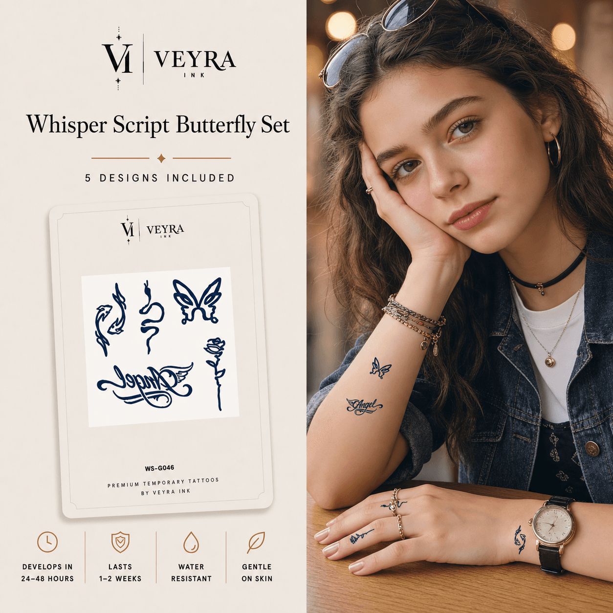 Whisper Script Butterfly Semi-Permanent Tattoo Set cover image