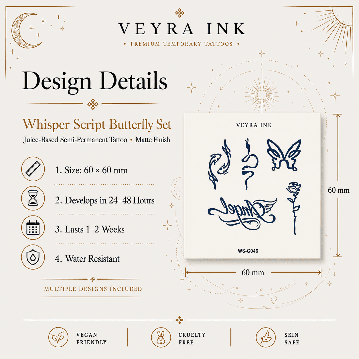 Whisper Script Butterfly Semi-Permanent Tattoo Set design details