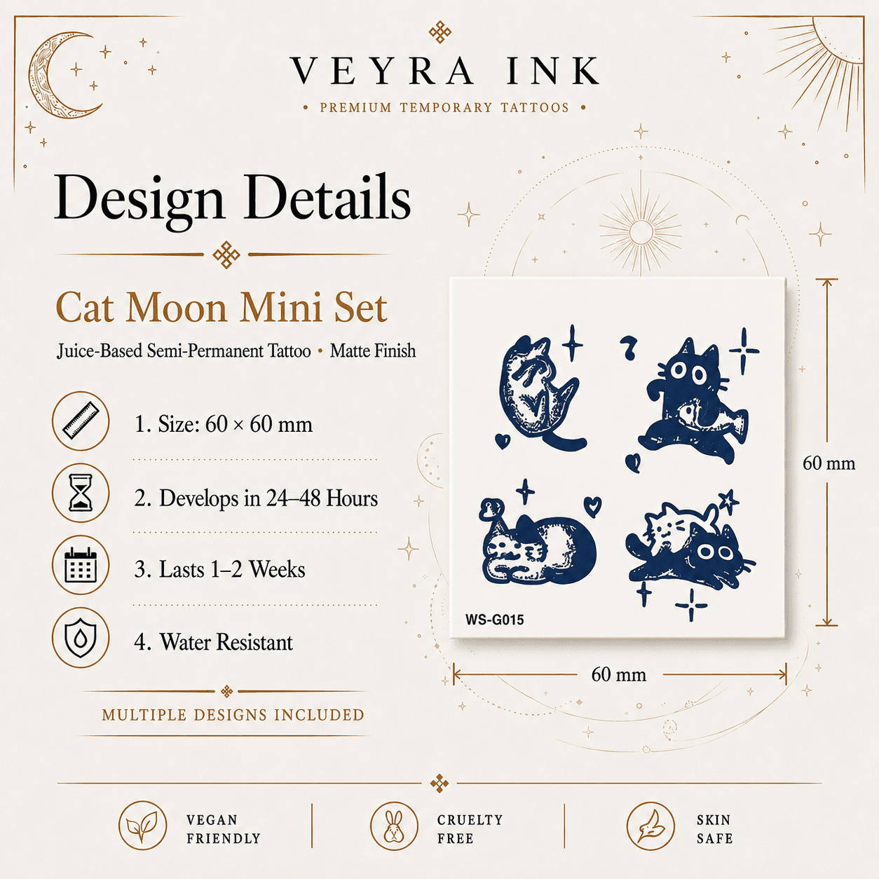 Cat Moon Mini Semi-Permanent Tattoo Set design details