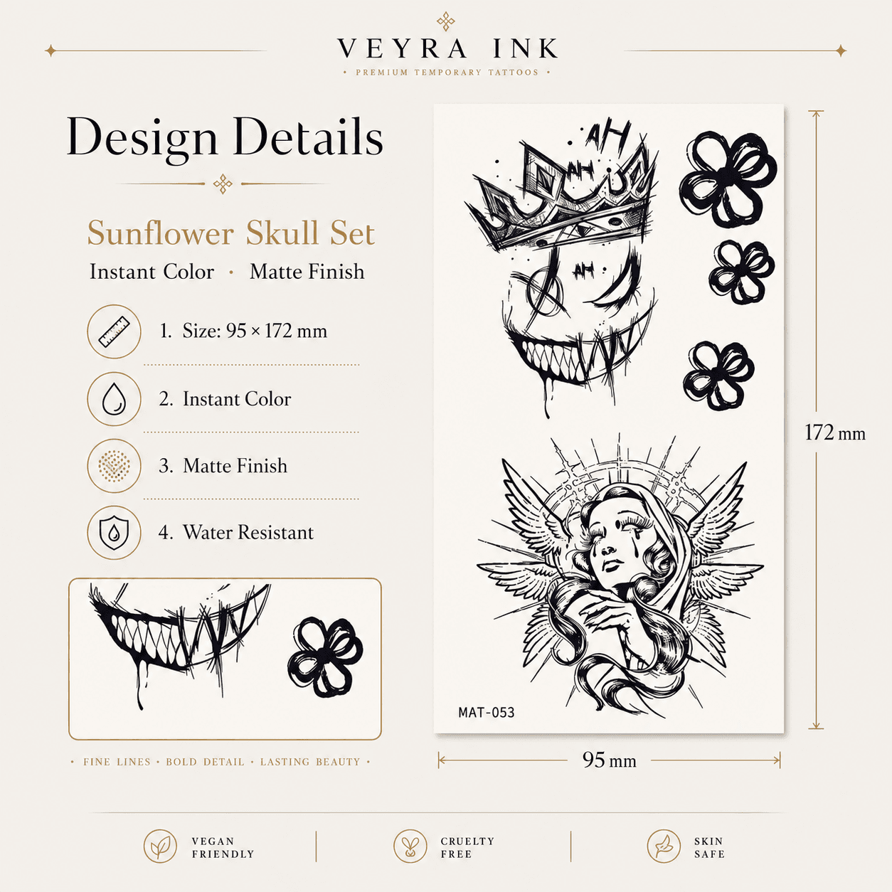 Sunflower Skull Temporary Tattoo Set design details