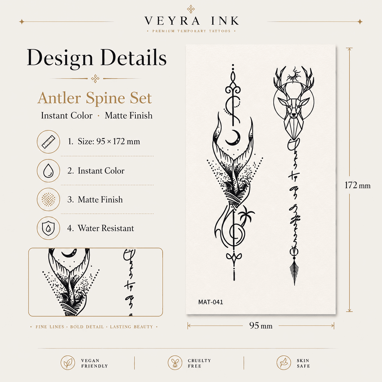 Antler Spine Temporary Tattoo Set design details