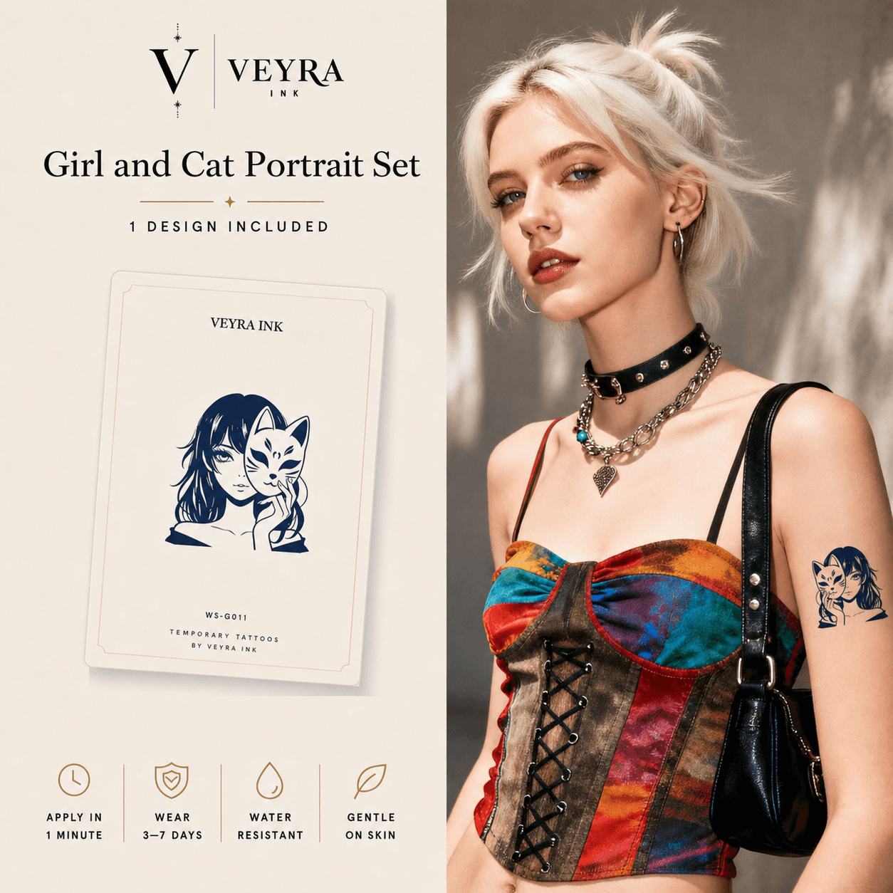 Girl & Cat Portrait Temporary Tattoo cover image