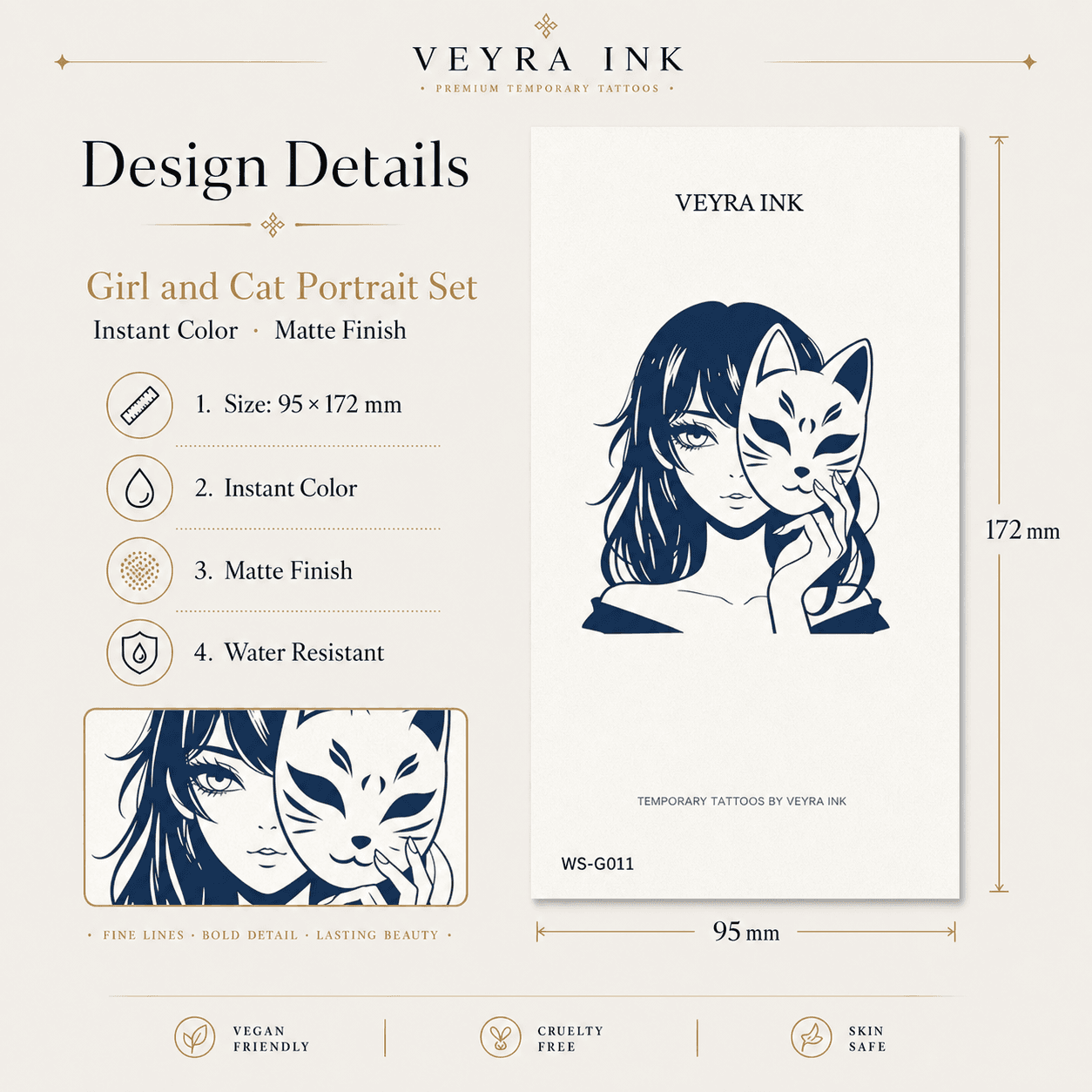 Girl & Cat Portrait Temporary Tattoo design details