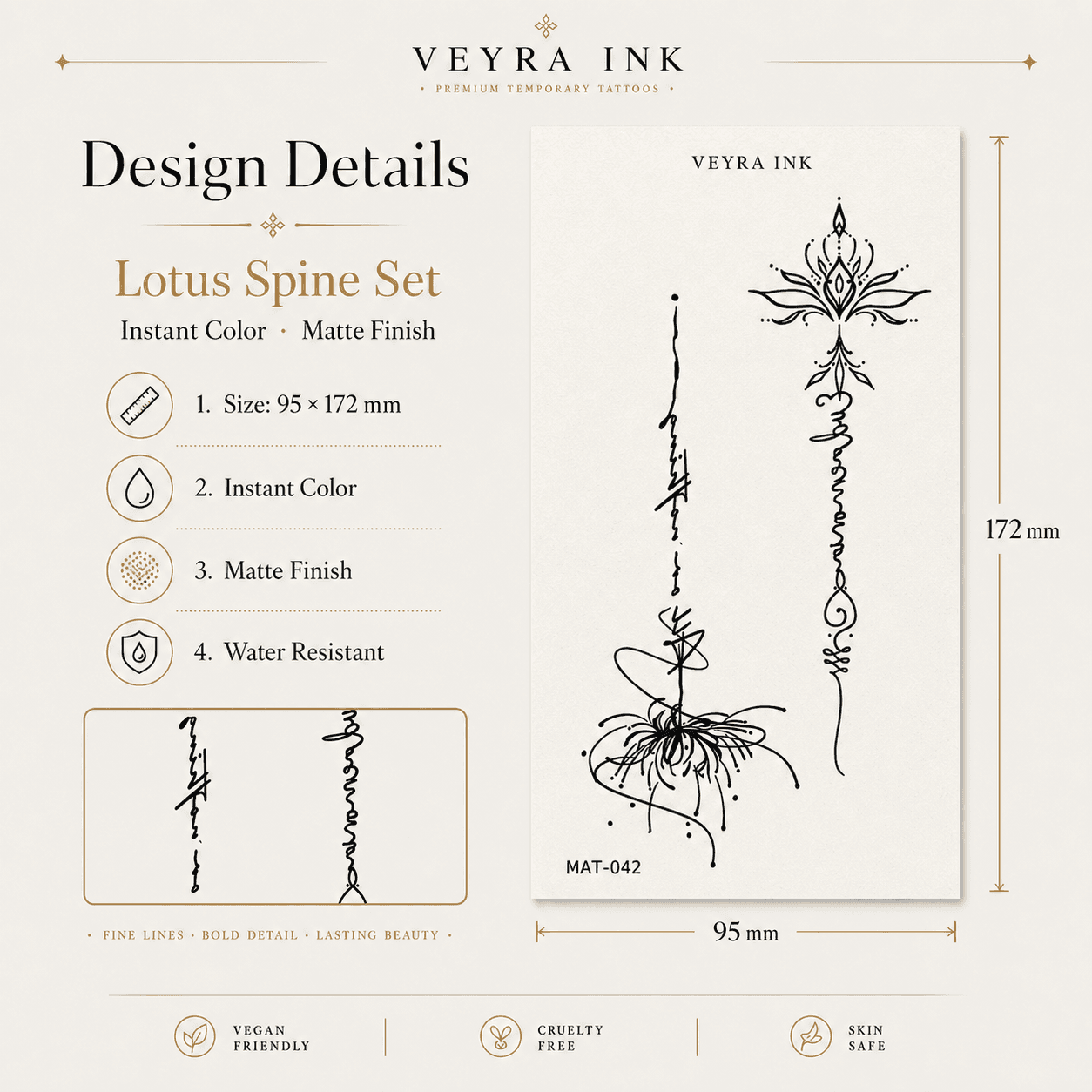 Lotus Spine Temporary Tattoo Set design details
